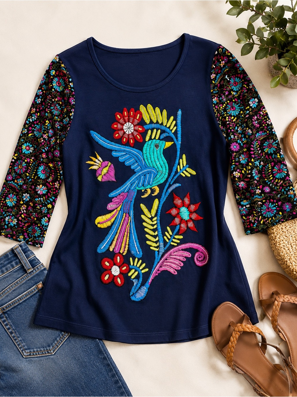 Ay Guey Embroidered Print Bird Top Small | Mexican Folk Art Boho Colorful Shirt